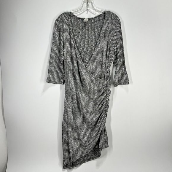 Freshmint USA Womens Wrap Dress Size XL Knee Gray V-Neck Knit 3/4 Sleeve Zipper - Picture 3 of 10